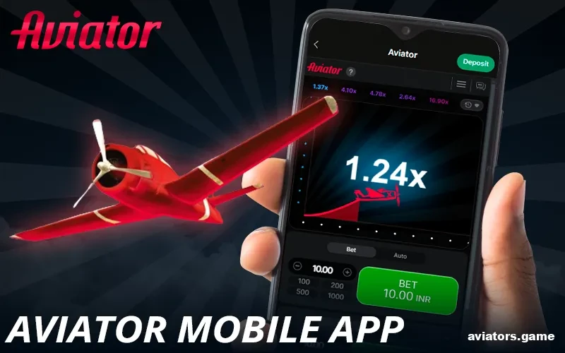 Aviator game app open on a phone held in one hand, showing a 1.24x multiplier